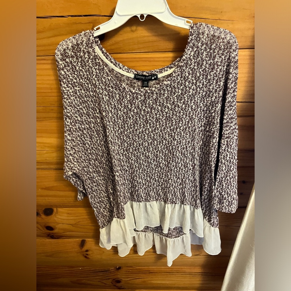 Living Doll Brand 3XL white and maroon knitted shirt with lace on bottom.